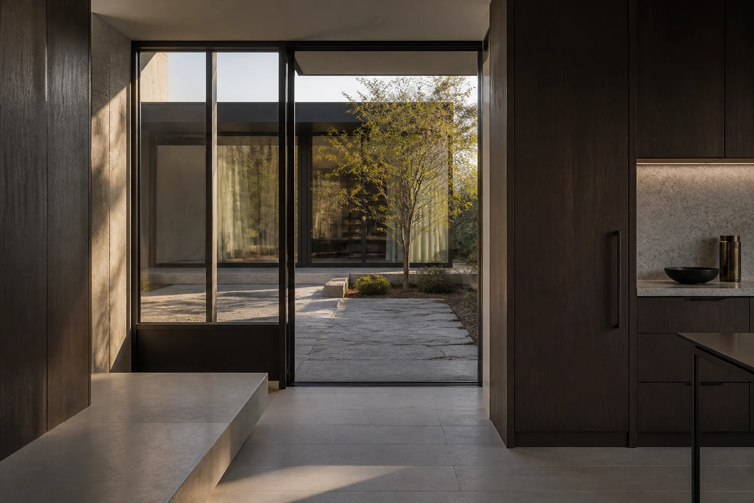 Architectural study showing a refined renovated interior and courtyard