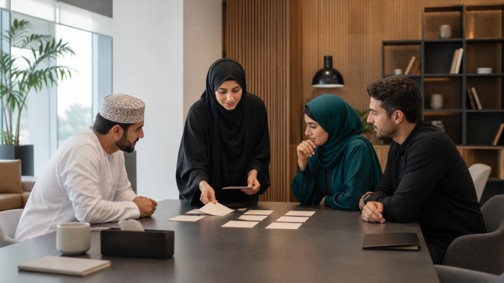 Arabic-speaking design and strategy team reviewing a bilingual website journey on blank cards in a contemporary office