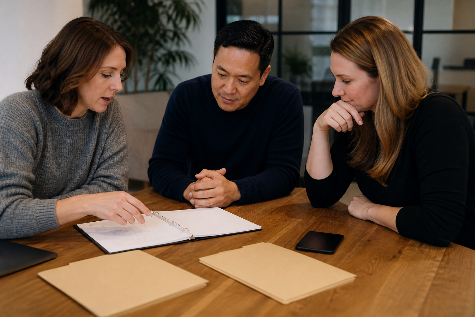 Reviewing a bilingual launch workflow Operations and web team reviewing blank folders and an unbranded phone during a bilingual website quality assurance meeting
