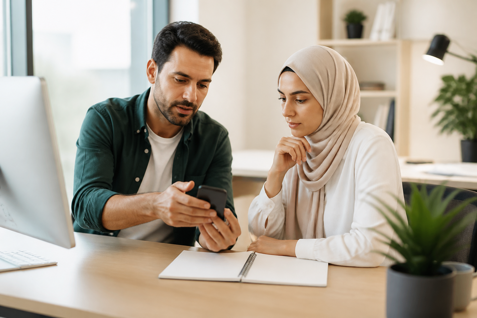 Testing Arabic interface behaviour with real content Web designer and Arabic content reviewer checking a mobile interface prototype with the screen turned away in a modern office