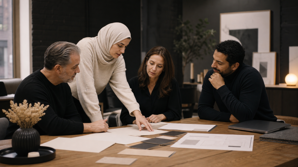 Business leaders and a bilingual website strategist reviewing project scope in a modern studio