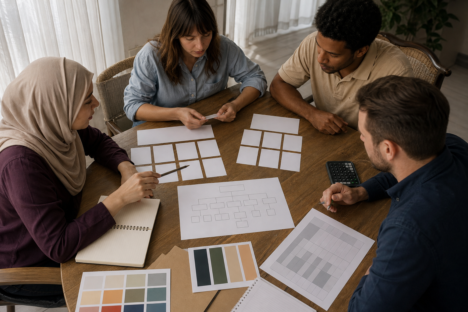 Comparing bilingual website scope and cost Business team comparing website page plans, Arabic and English content sheets, and project scope cards around a table