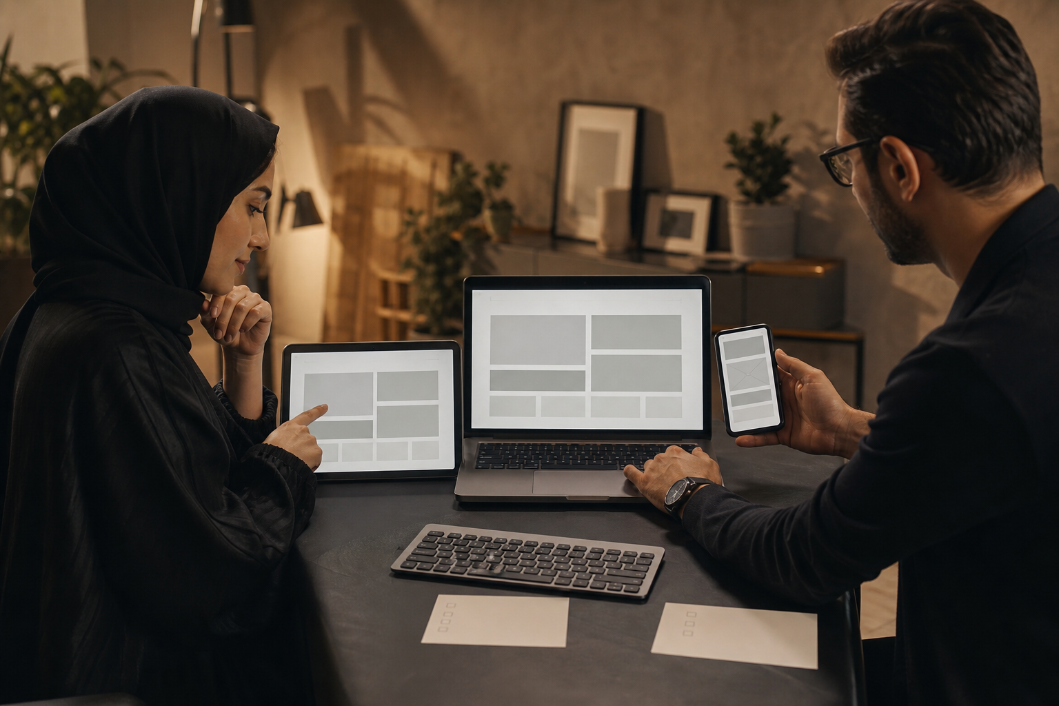 English and Arabic website quality assurance Designer and Arabic content reviewer testing a bilingual website layout across laptop, tablet, and phone